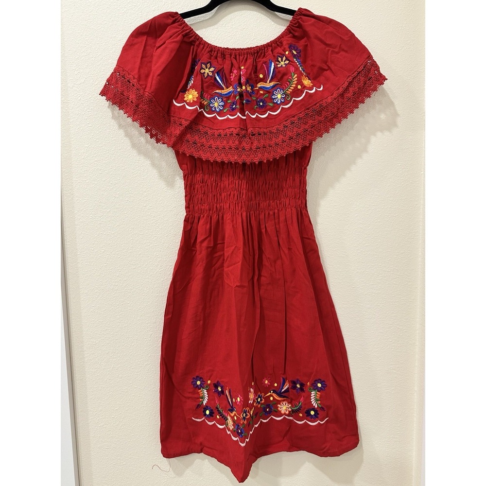 Kids Mexican Dress Red Embroidered Size 12 Lace Humming Bird Floral